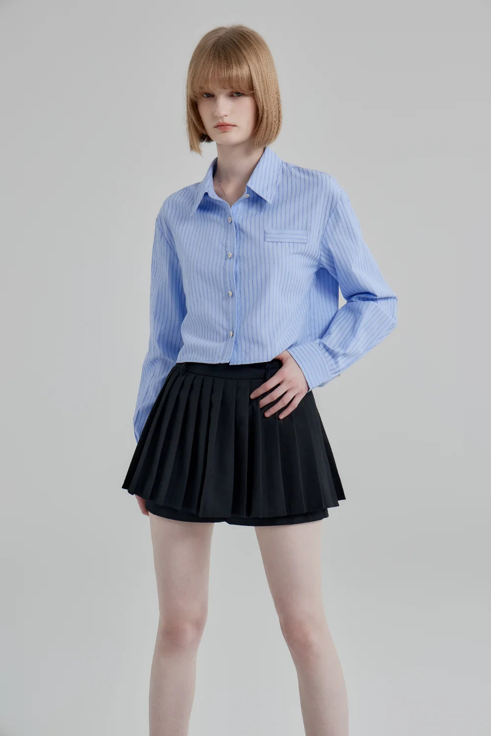 Striped Button-Up Cropped Shirt with Chest Pocket
