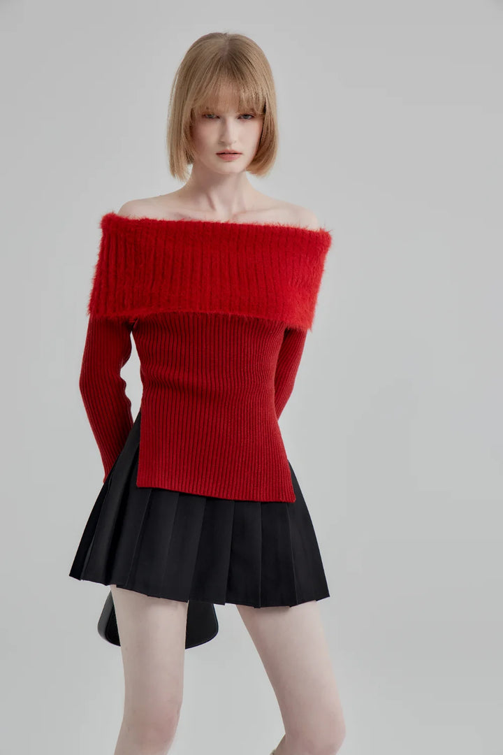 Fiery Red Off-Shoulder Fuzzy Knit Top
