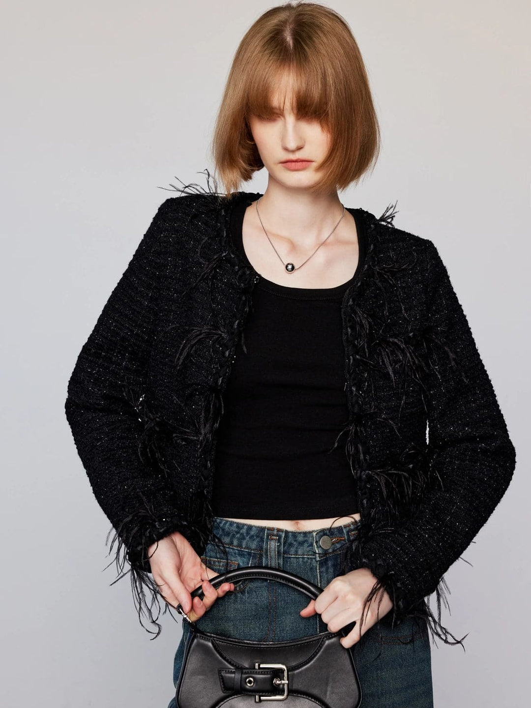 Designer Textured Black Cropped Jacket with Fringe Accents