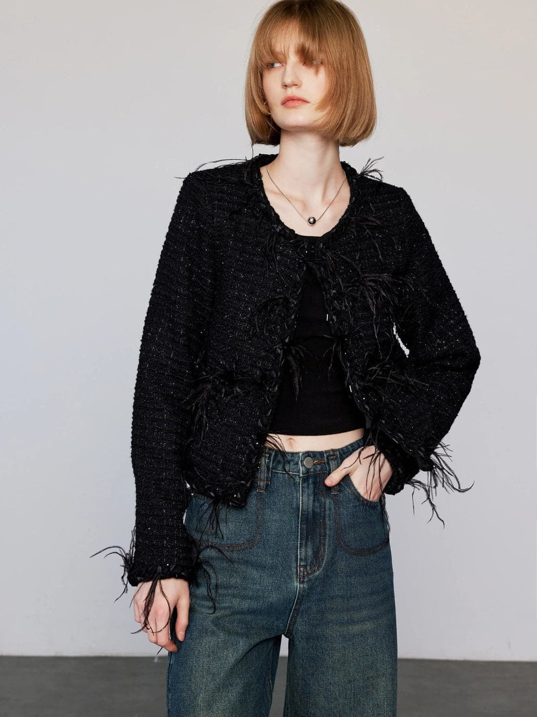 Designer Textured Black Cropped Jacket with Fringe Accents