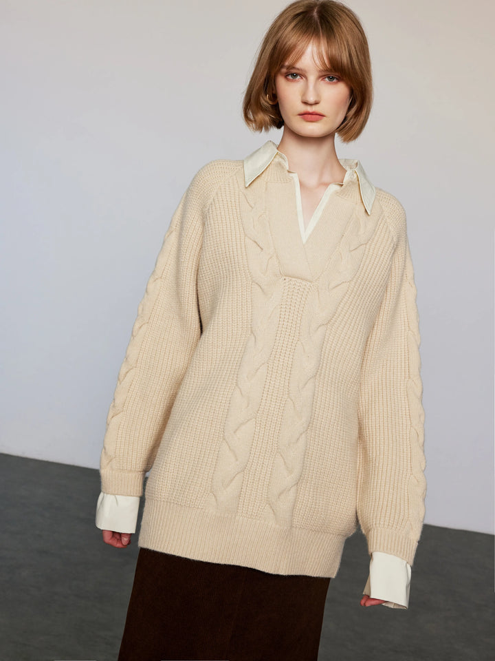 Oversized Cable Knit Sweater in Cream with Collared Shirt Layering