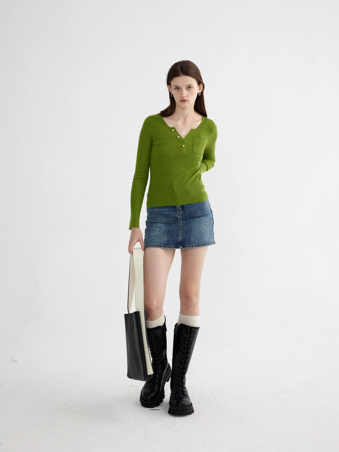 Women's Buttoned Ribbed Sweater with Pocket Detail