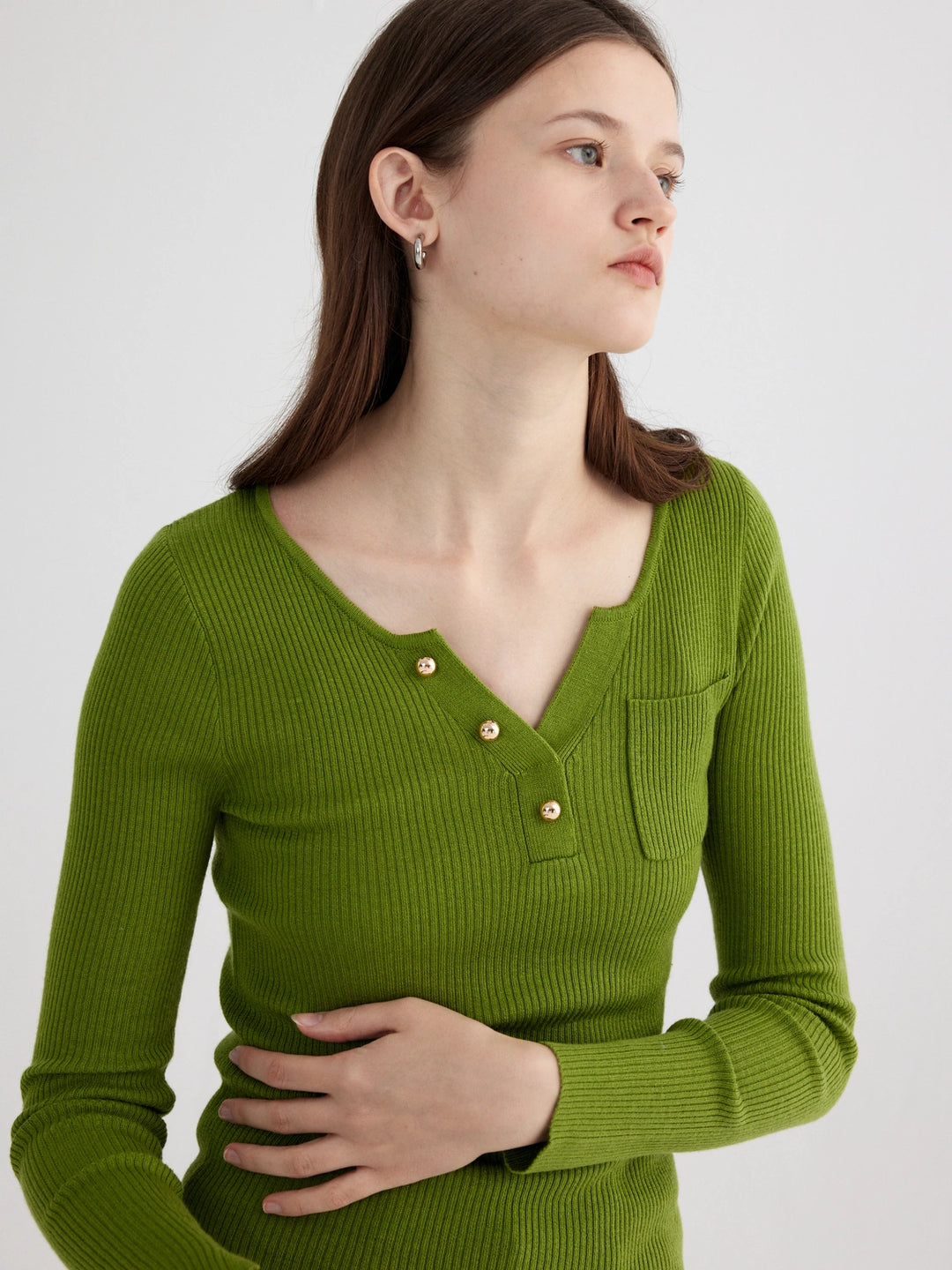 Women's Buttoned Ribbed Sweater with Pocket Detail