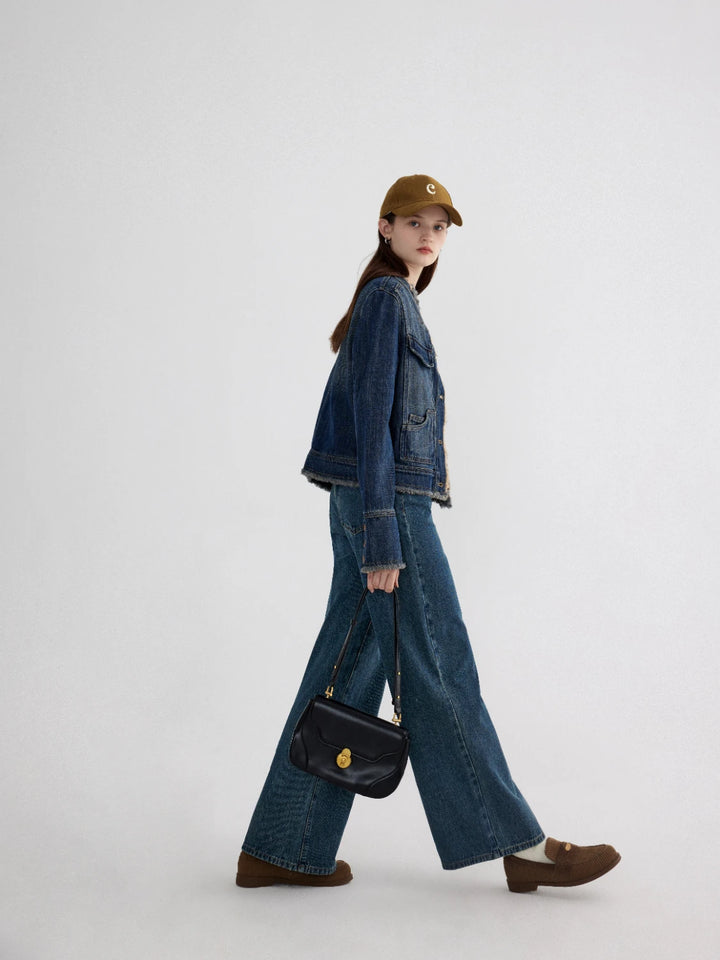 Wide-Leg Denim Jeans with High Waist and Gold-Tone Accent Buttons