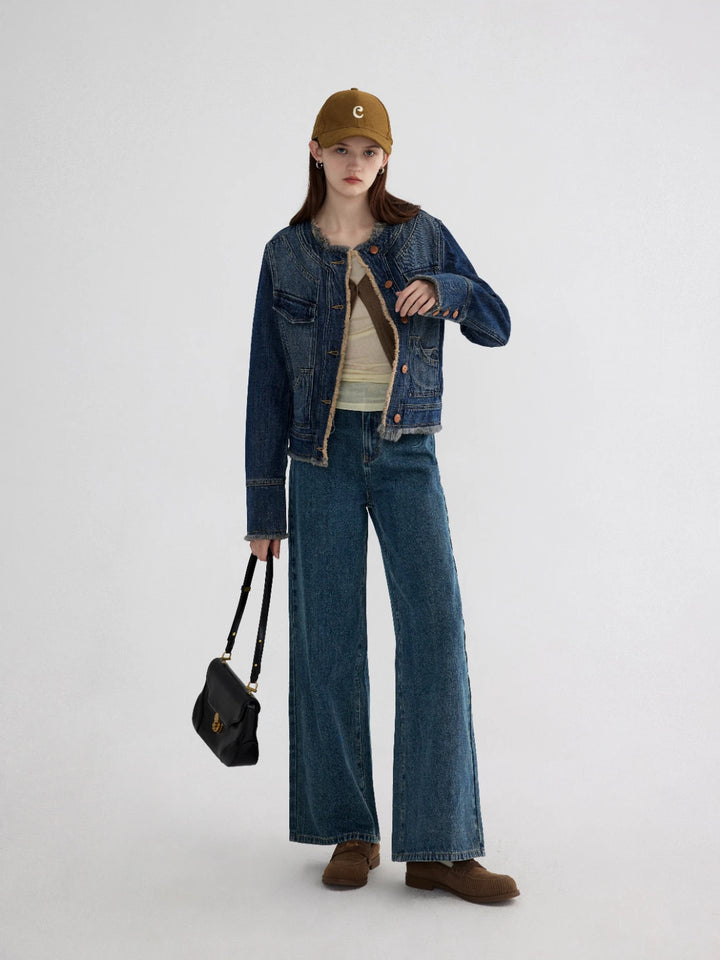 Wide-Leg Denim Jeans with High Waist and Gold-Tone Accent Buttons