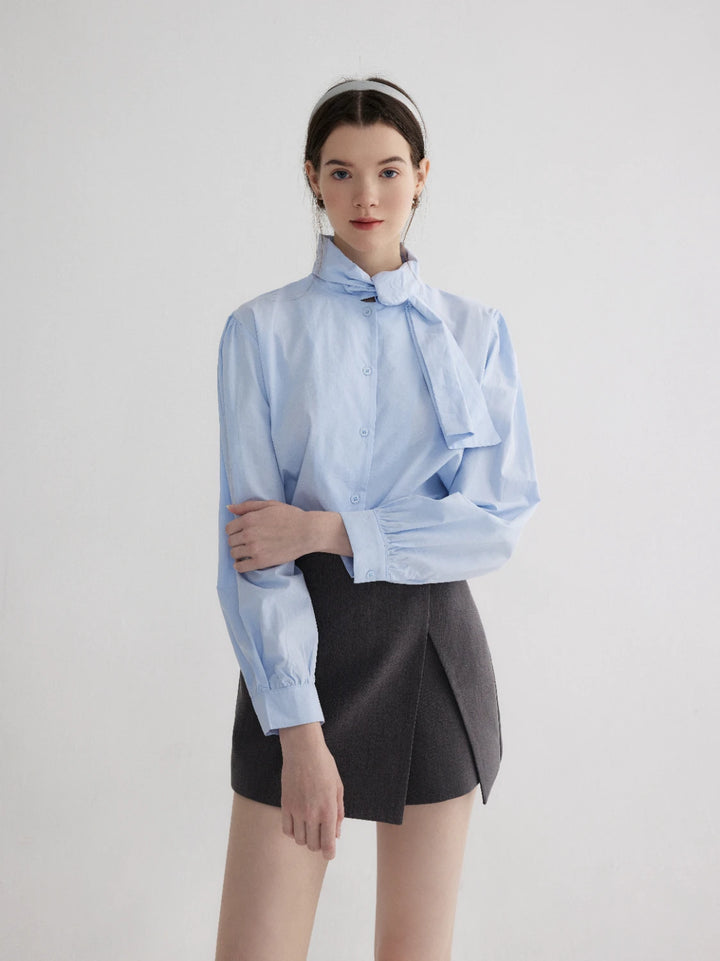 Ladies' Tie-Neck Blouse with Elegant Buttoned Cuffs