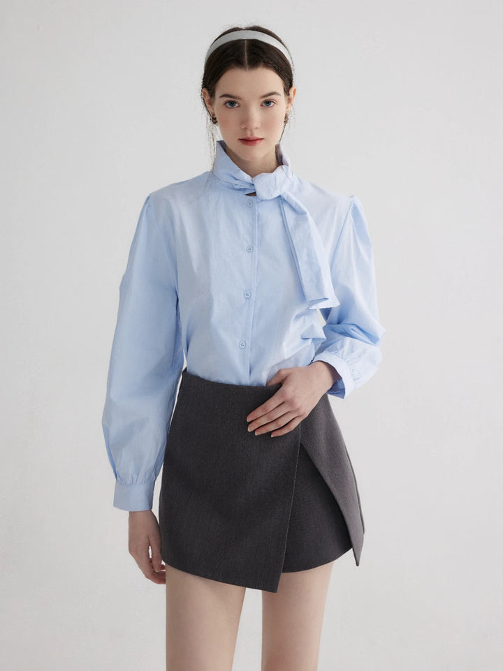 Ladies' Tie-Neck Blouse with Elegant Buttoned Cuffs