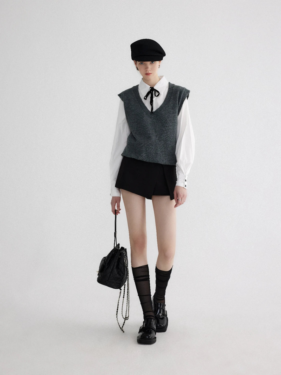 Layered Look Knit Vest with Attached Collar and Cuffs