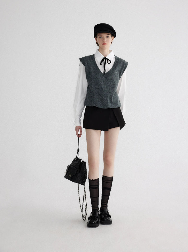 Layered Look Knit Vest with Attached Collar and Cuffs