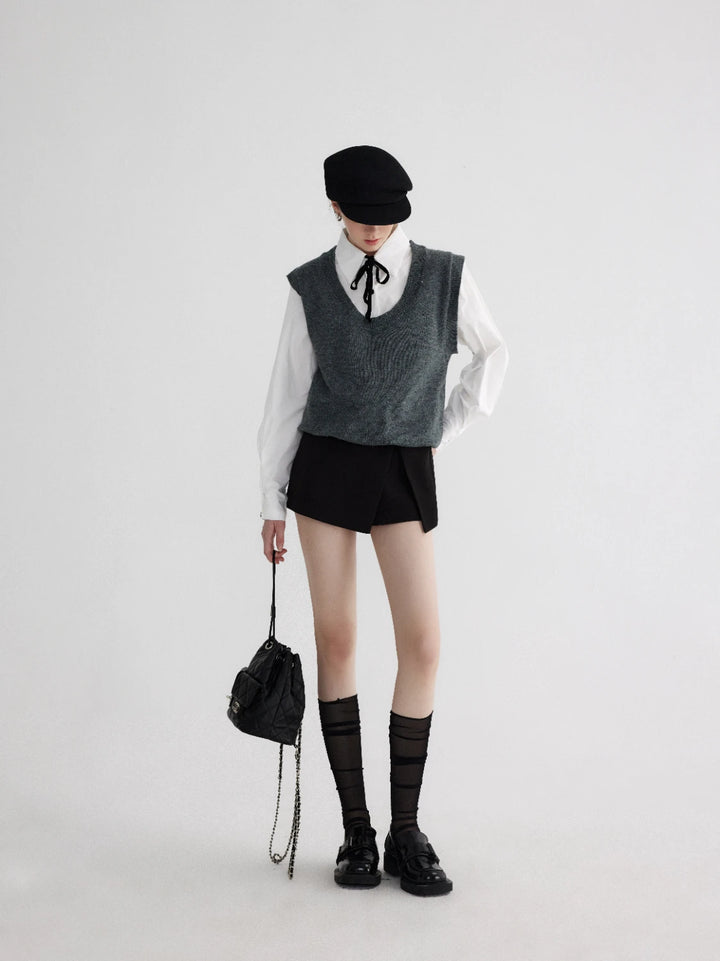 Layered Look Knit Vest with Attached Collar and Cuffs