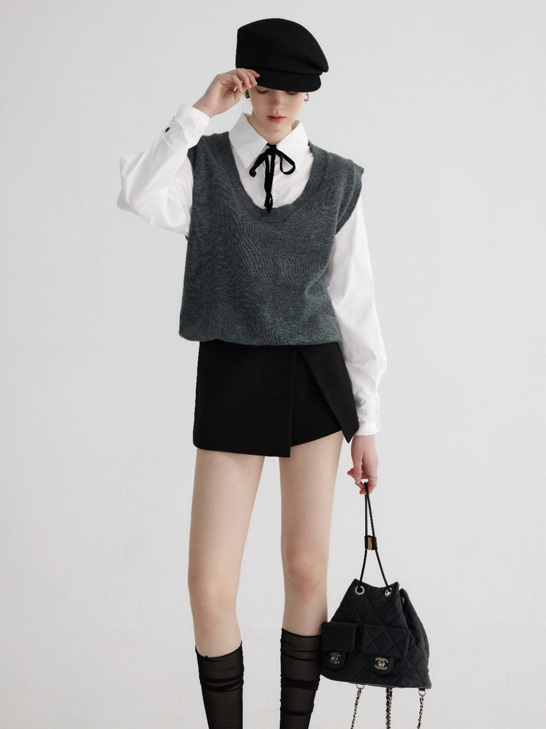 Layered Look Knit Vest with Attached Collar and Cuffs