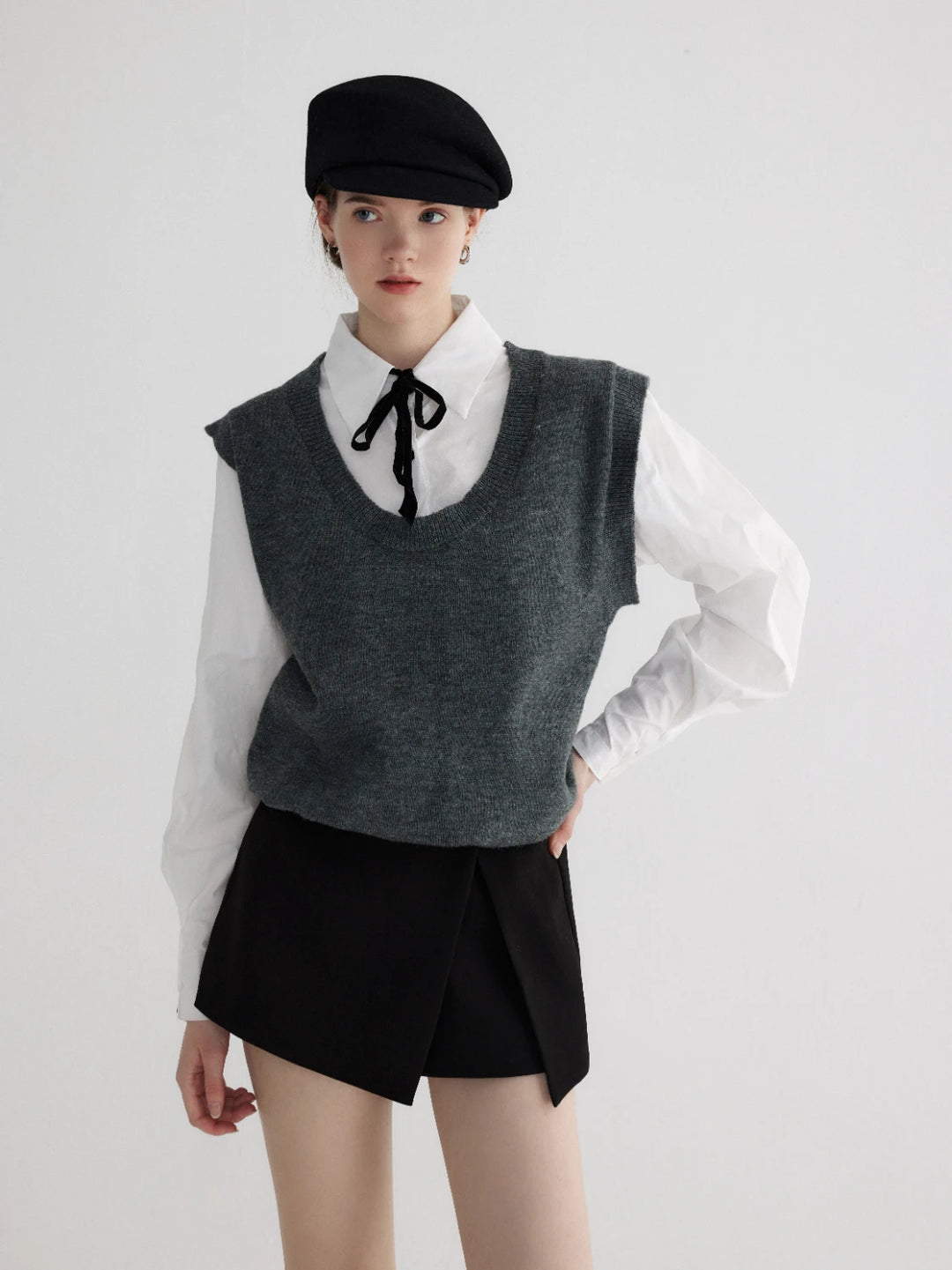 Layered Look Knit Vest with Attached Collar and Cuffs