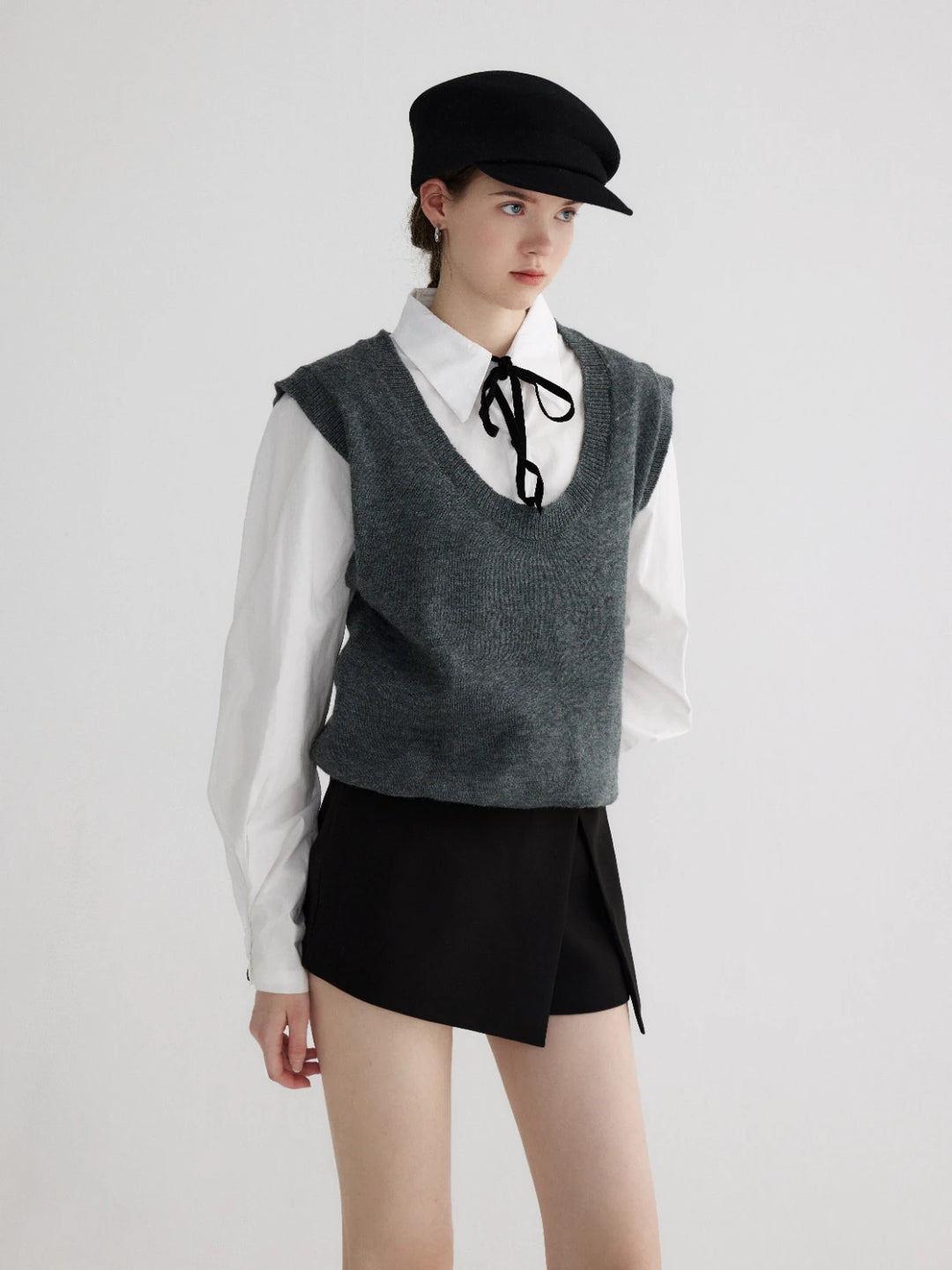 Layered Look Knit Vest with Attached Collar and Cuffs