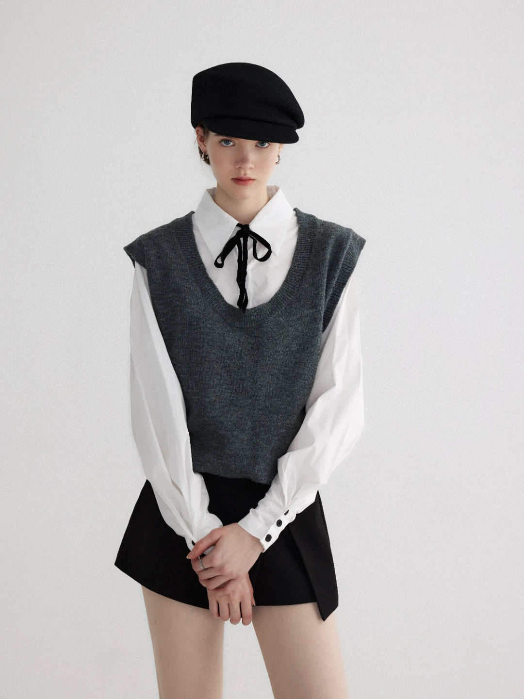 Layered Look Knit Vest with Attached Collar and Cuffs