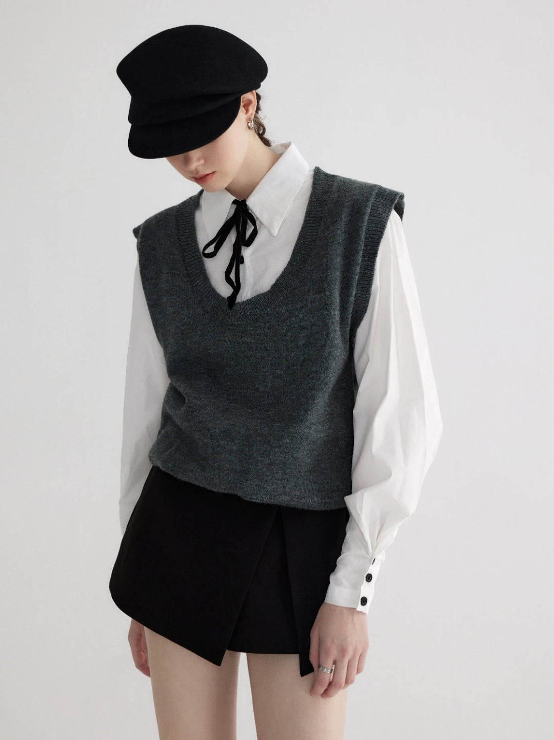 Layered Look Knit Vest with Attached Collar and Cuffs