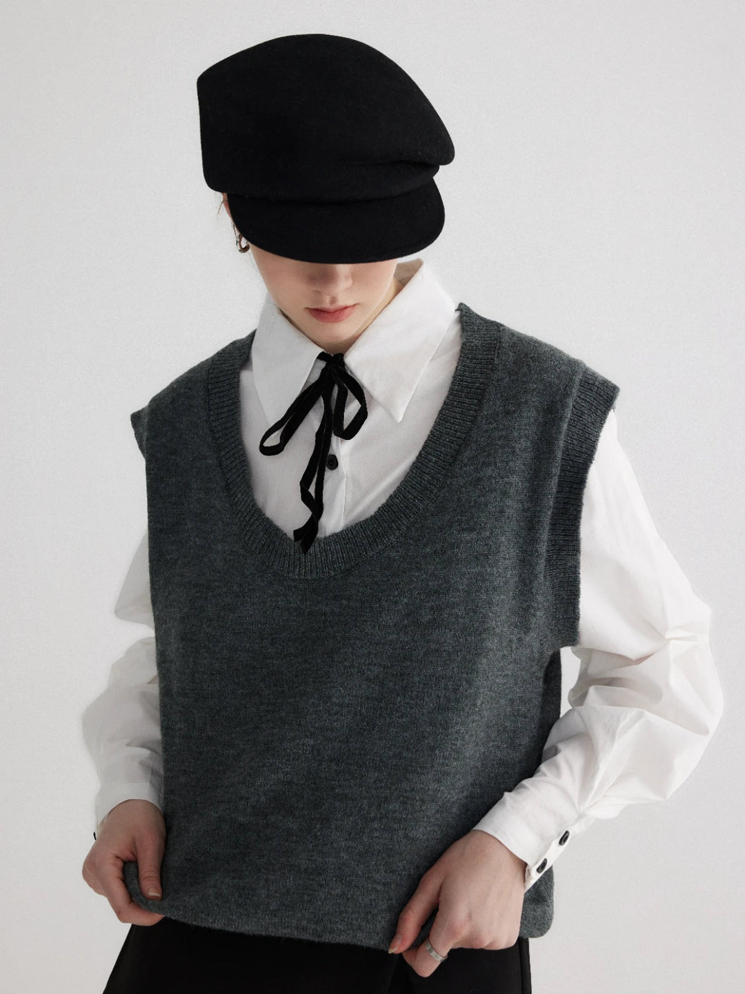 Layered Look Knit Vest with Attached Collar and Cuffs