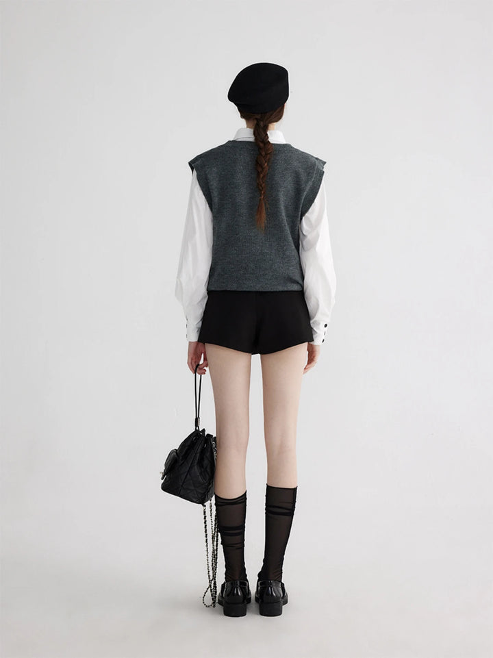 Layered Look Knit Vest with Attached Collar and Cuffs