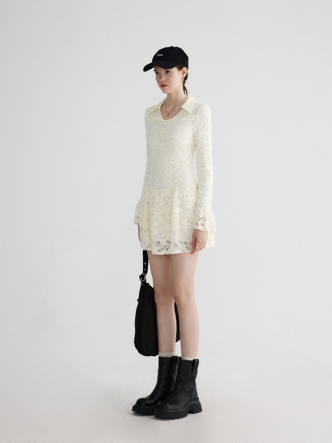 Layered Lace Ruffle Hem Dress