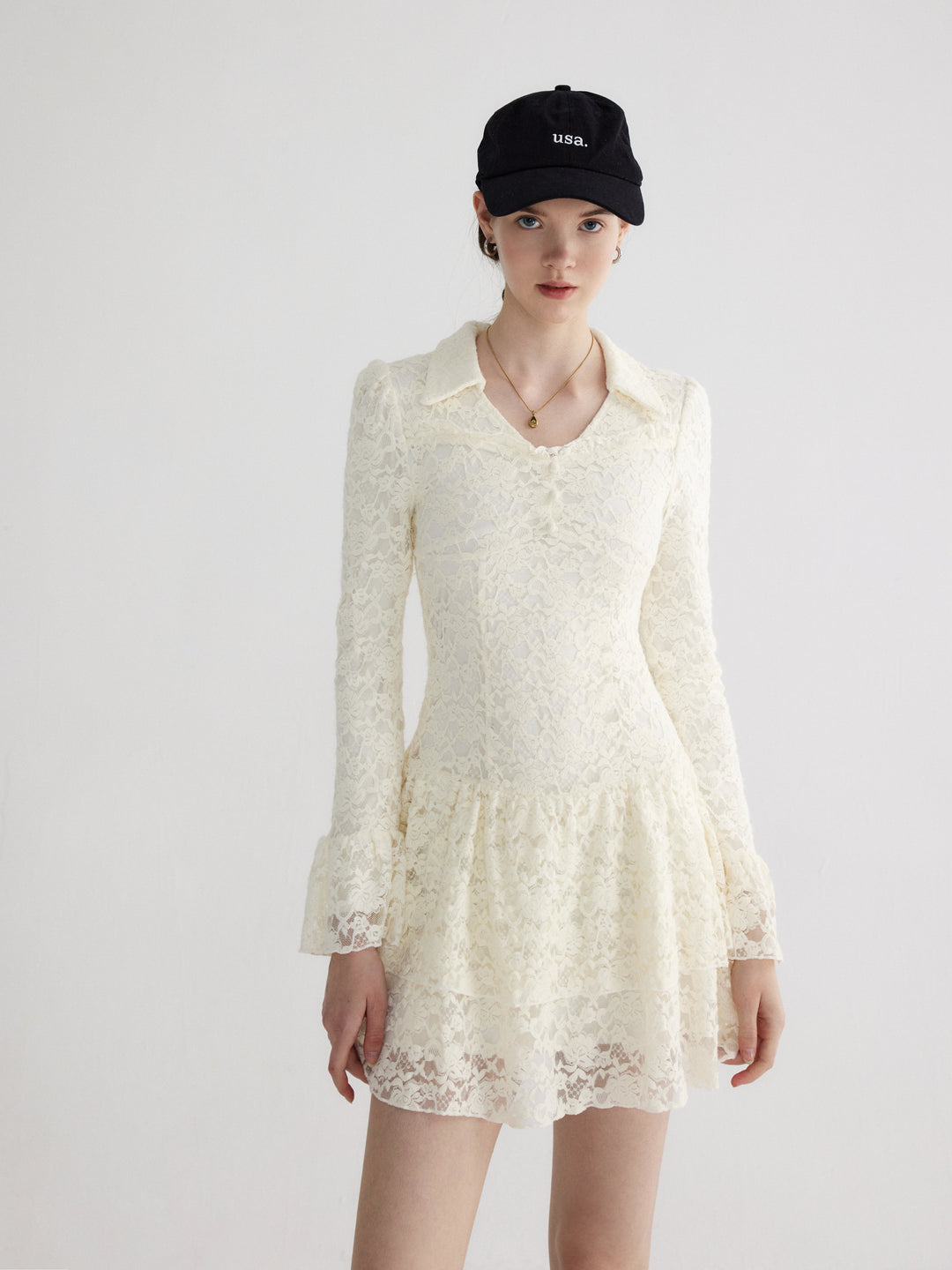 Layered Lace Ruffle Hem Dress