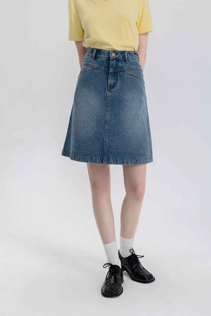 Skirt A-Line Denim Pinggang Tinggi Klasik Wanita