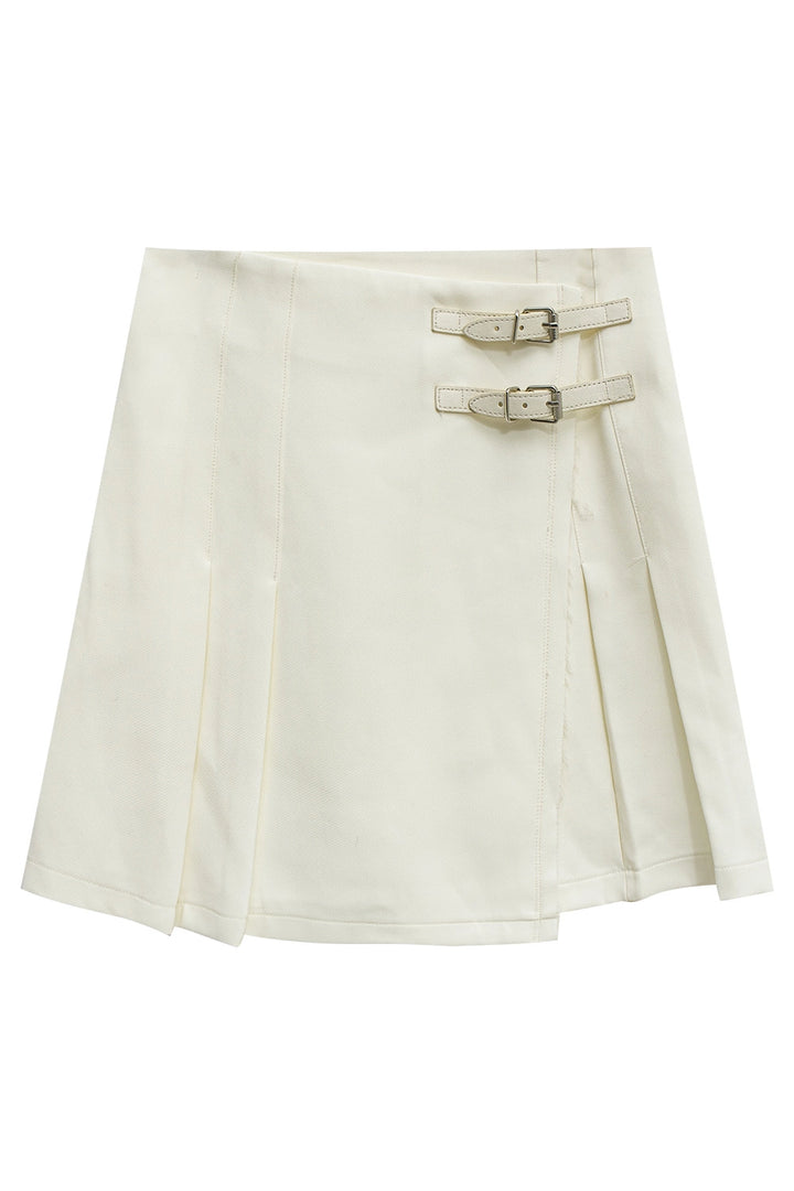 Woman's A-Line Mini Skirt with Buckle Accents and Structured Waistband