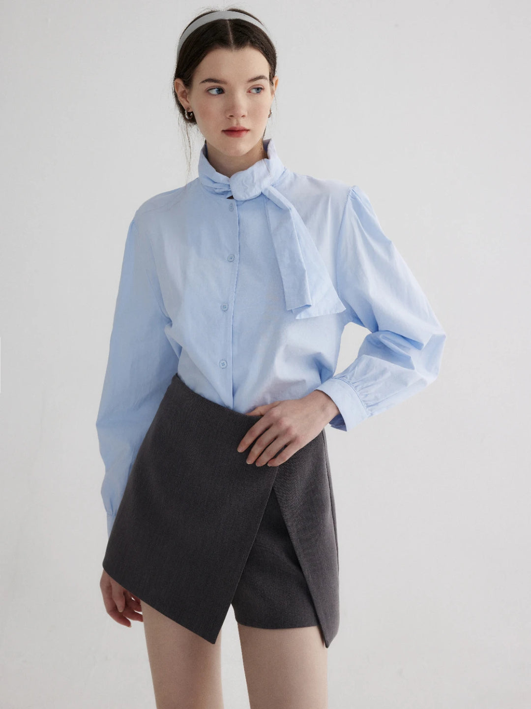 Ladies' Tie-Neck Blouse with Elegant Buttoned Cuffs