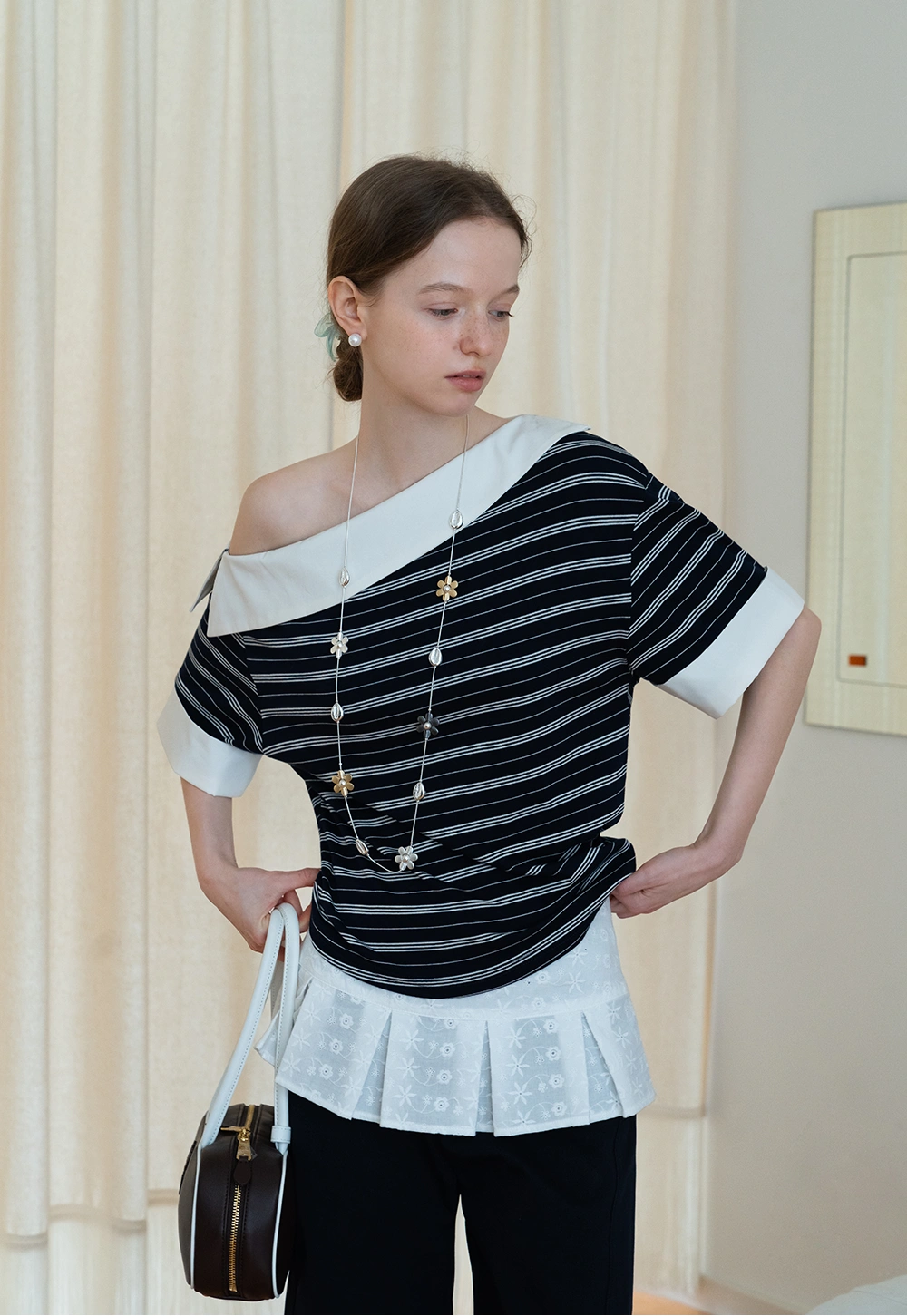 Striped Off-Shoulder Contrast Collar Tee