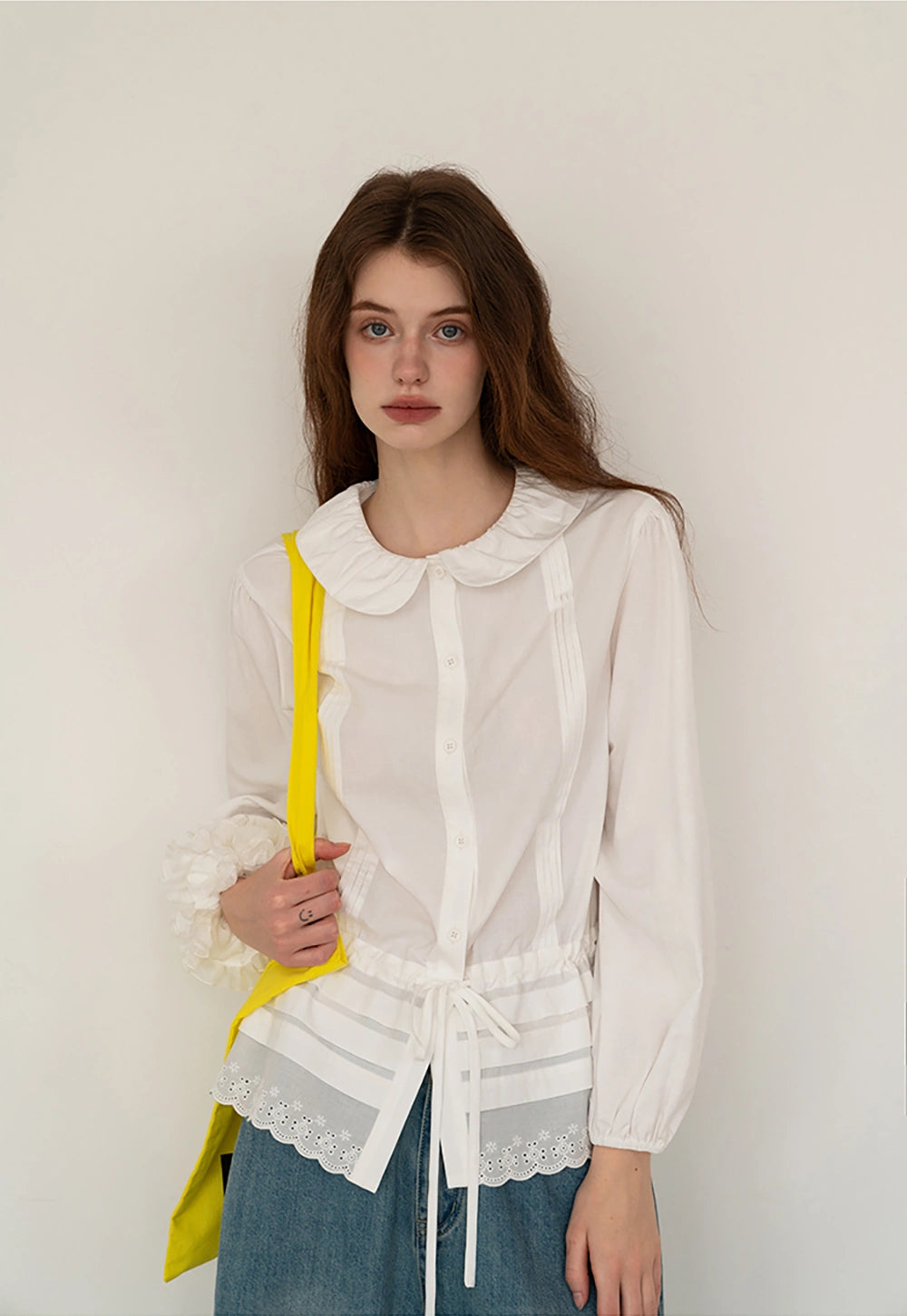 Women's White Ruffled Collar Blouse