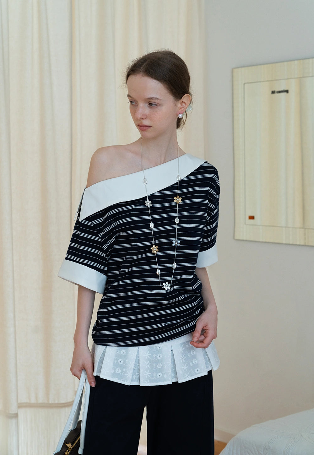 Striped Off-Shoulder Contrast Collar Tee