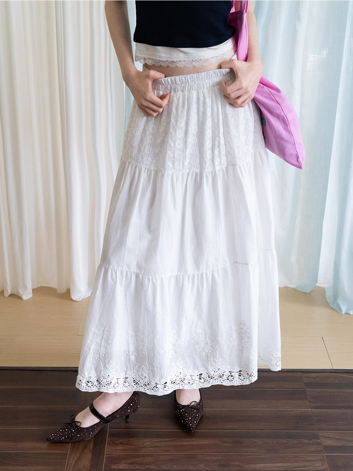 Embroidered Tiered Maxi Skirt