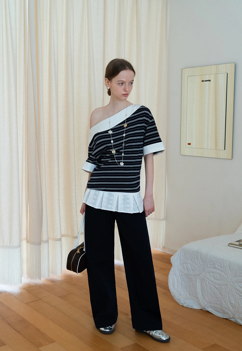 Striped Off-Shoulder Contrast Collar Tee