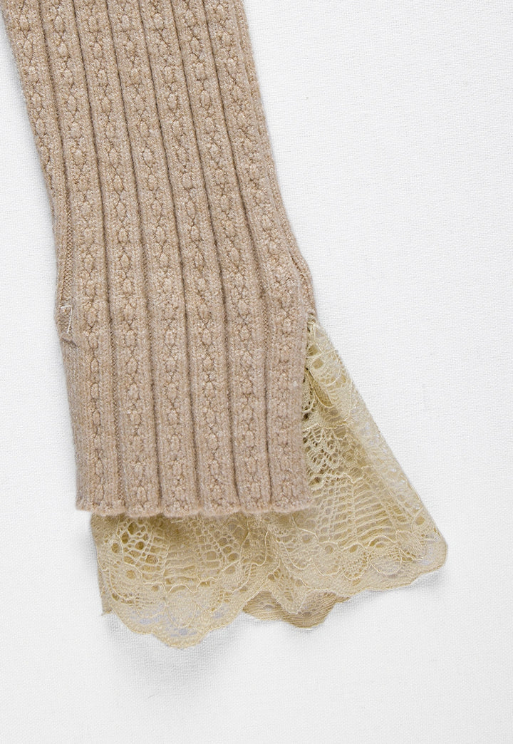 Ribbed Mock-Neck Sweater with Lace Cuff Detail