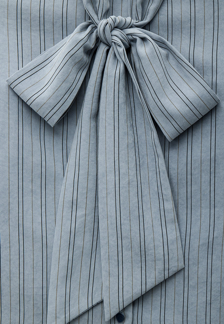 Striped Tie-Neck Blouse with Cuffed Sleeves