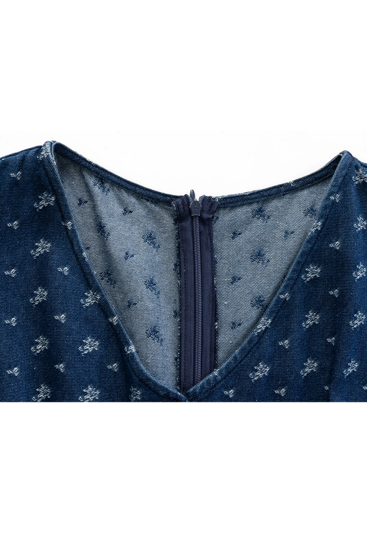 Robe en jean à fleurs bleues sans manches pour femmes avec col en V