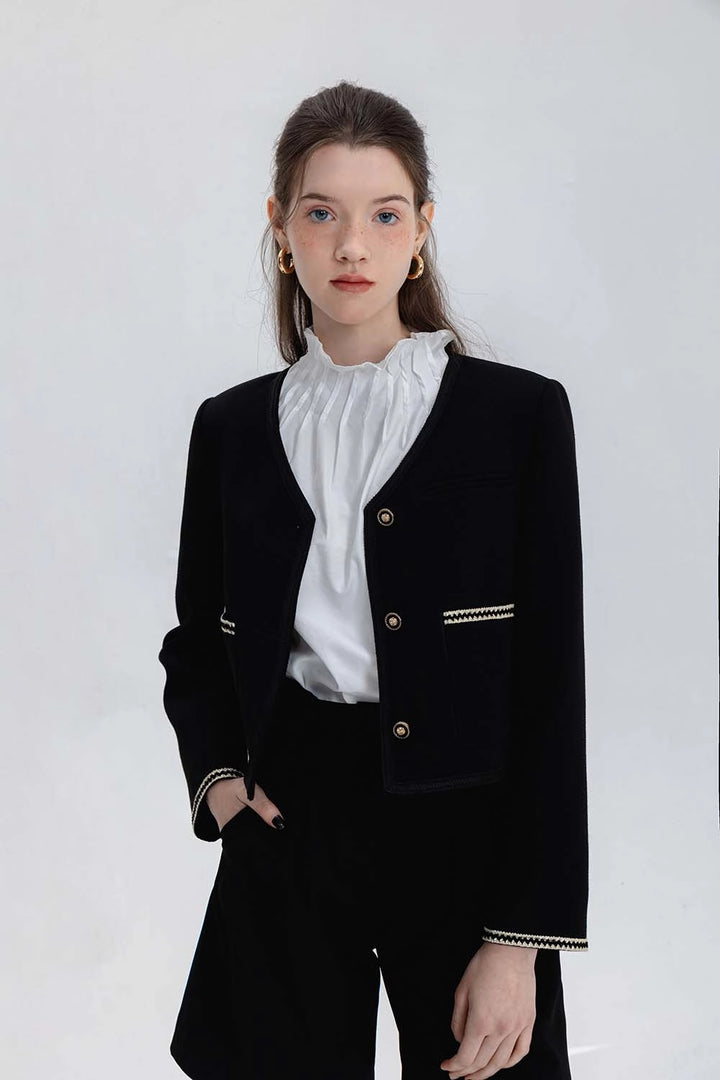 Schwarze Tweed-Jacke für Damen mit V-Ausschnitt, Kontrastbesatz und Ein-Knopf-Verschluss