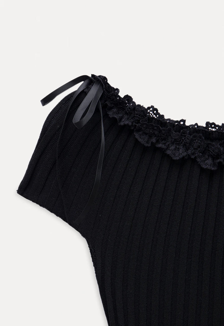 Ribbed Off-Shoulder Knit Top with Lace Trim and Bow Detail