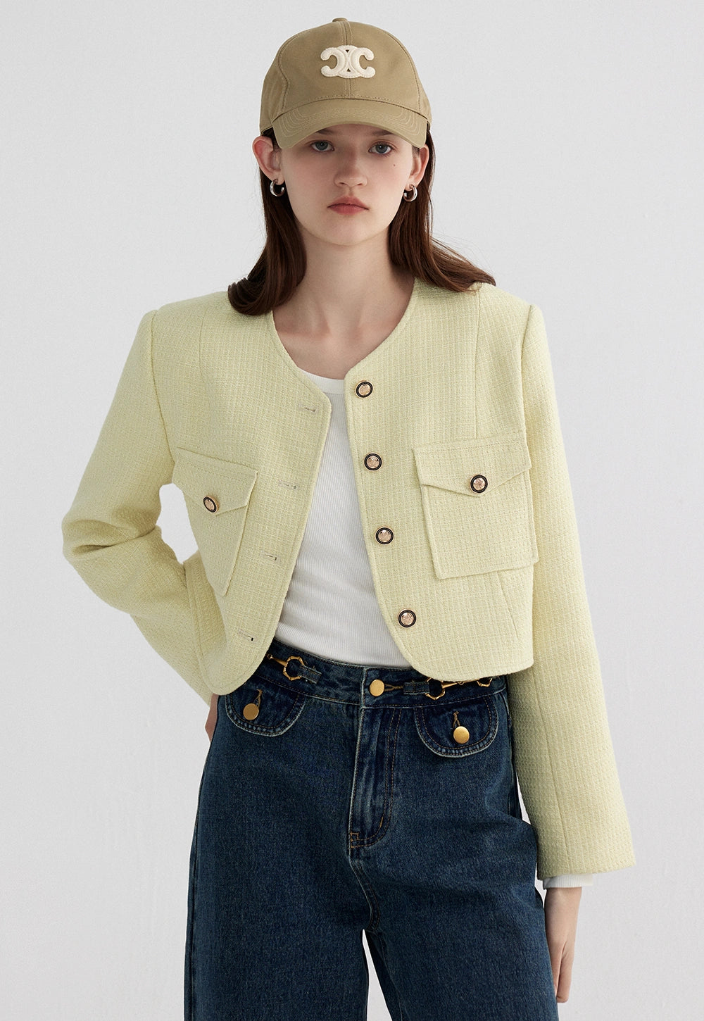 Women's Textured Crop Jacket with Button Closure and Patch Pockets