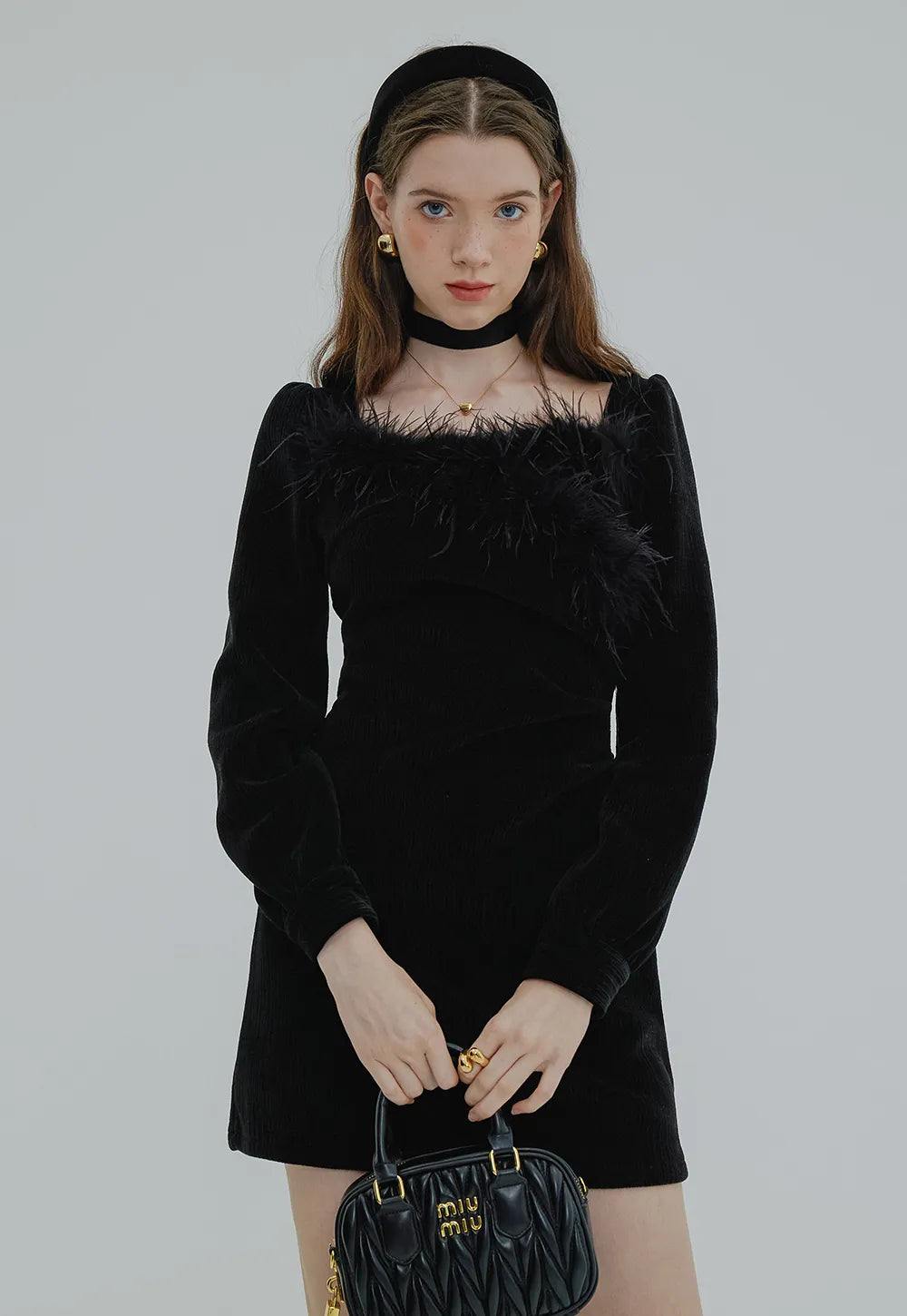 Feather-Trimmed Textured Long-Sleeve Dress