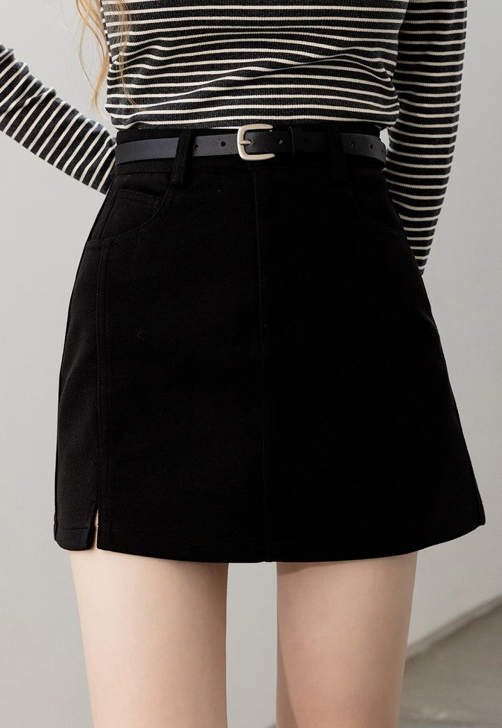 Women's High-Waisted A-Line Mini Skirt with Belt, Side Pockets, and Side Slit