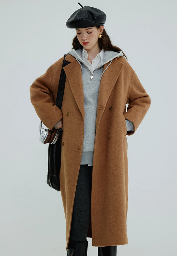 Women's Double-Breasted Wool Blend Overcoat with Notched Lapels