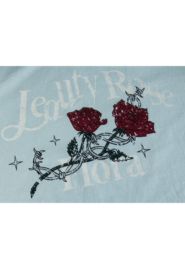 Women's T-Shirt with Red Rose Print and Elegant Script - Casual Cotton Tee