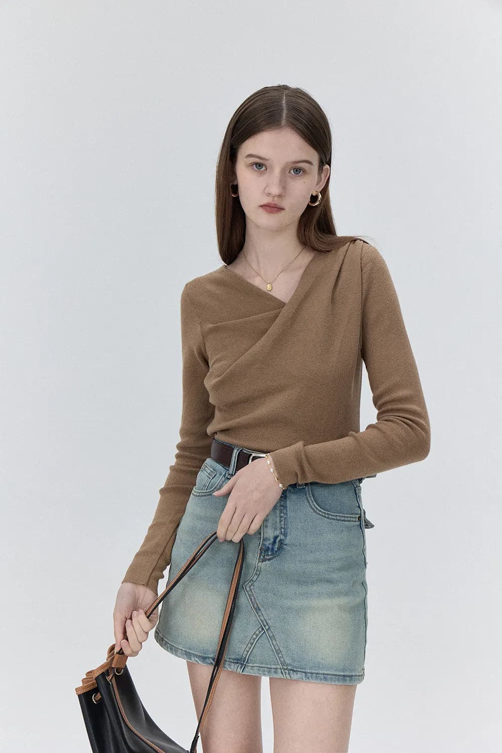 Draped Cowl Neck Knit Top with Asymmetrical Hem