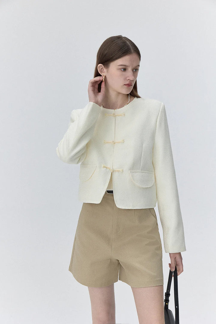 Textured Bouclé Cropped Jacket with Unique Hook Closures