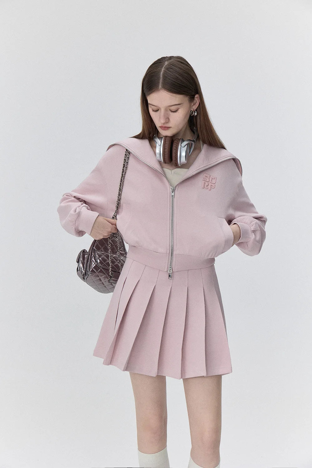 Sporty Zip-Up Hoodie and Pleated Skirt Set