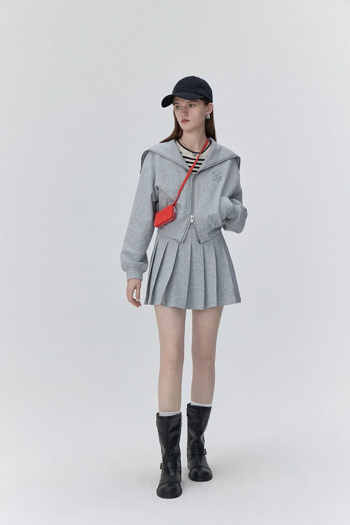 Sporty Zip-Up Hoodie and Pleated Skirt Set