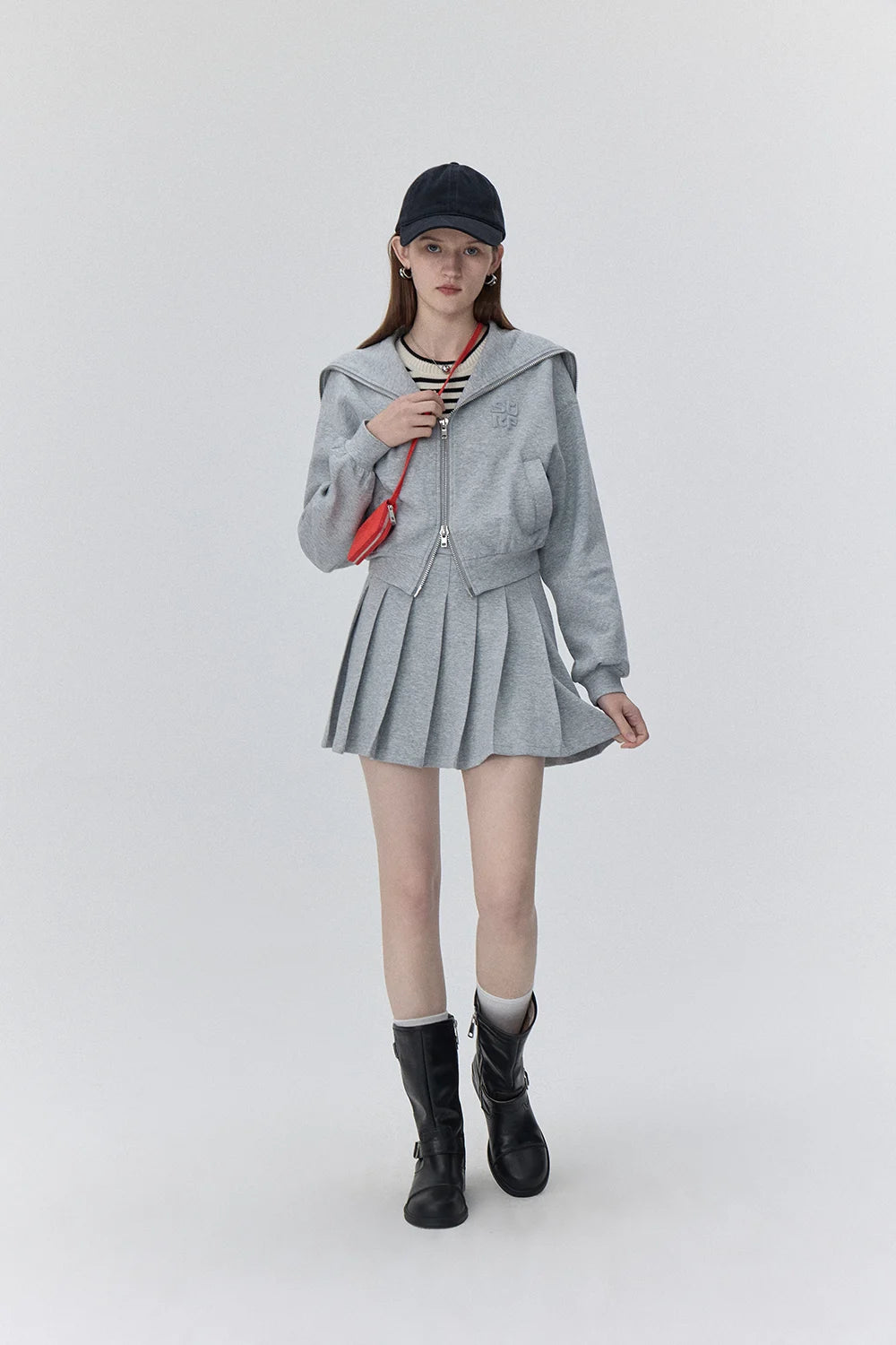 Sporty Zip-Up Hoodie and Pleated Skirt Set