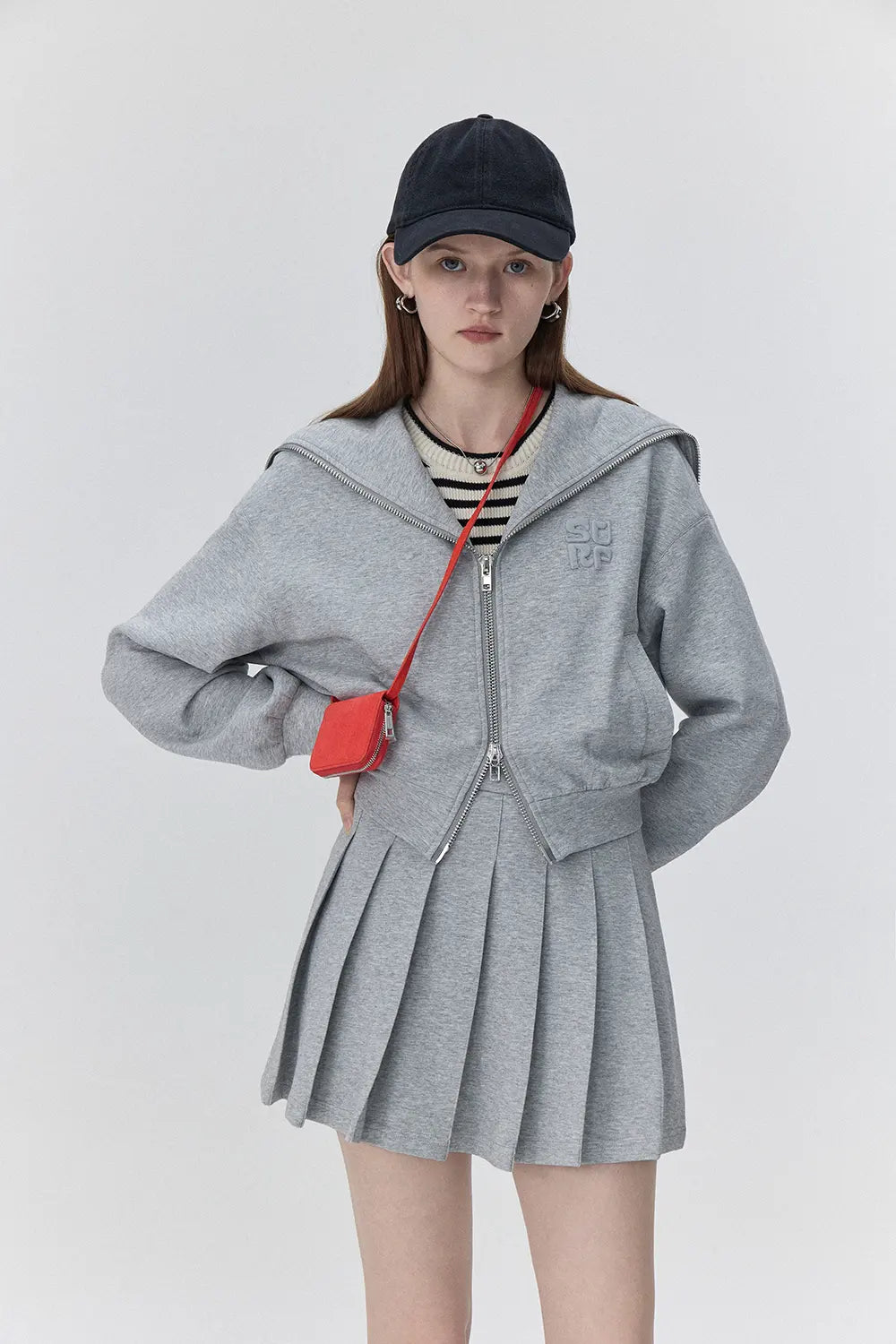 Sporty Zip-Up Hoodie and Pleated Skirt Set