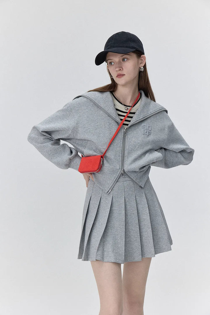 Sporty Zip-Up Hoodie and Pleated Skirt Set