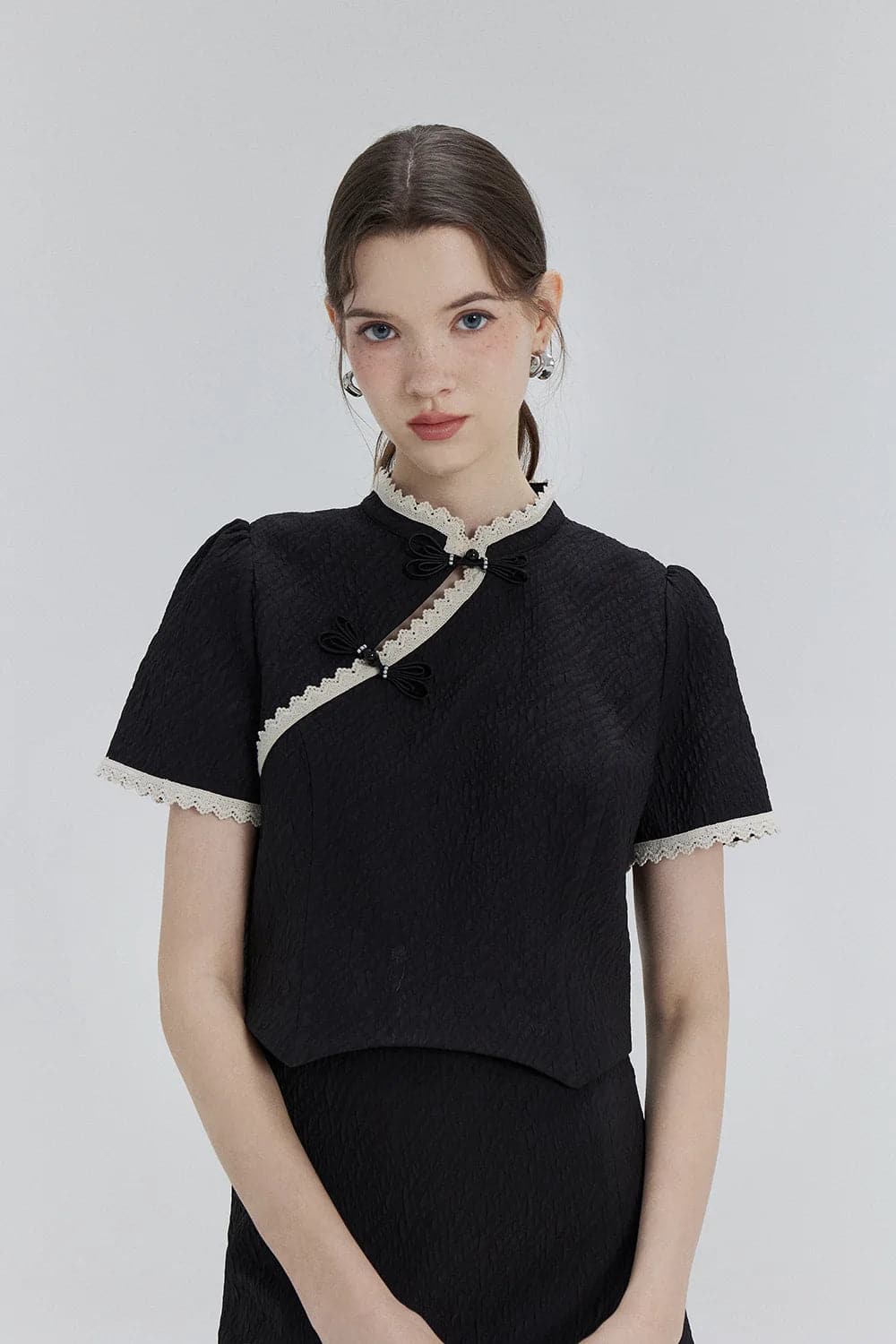 Contemporary Collared Cape Blouse and Pleated Mini Skirt Set