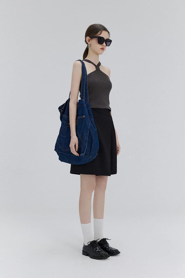 Short jupe-culotte boutonné chic croisé – Mode polyvalente pour la vie urbaine